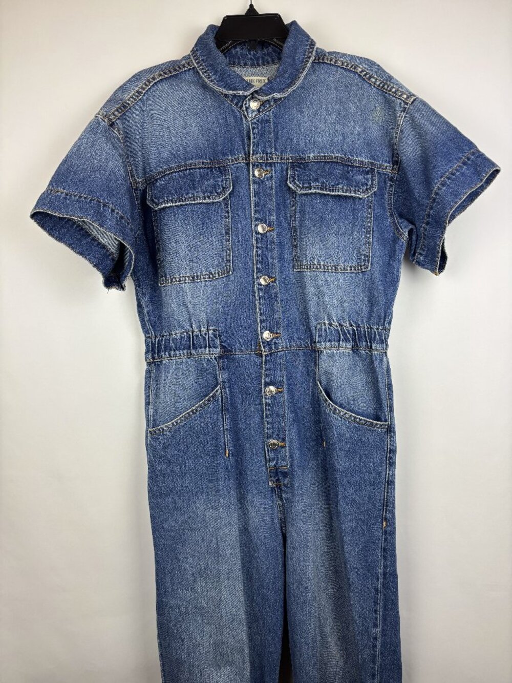 Large We The Free Denim Jumpsuit Short Sleeve Collared Button Neck Straight Leg